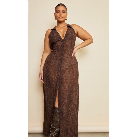 PrettyLittleThing Chocolate Brown Snake Print Halterneck Maxi Dress – Size 14 - Picture 1 of 5